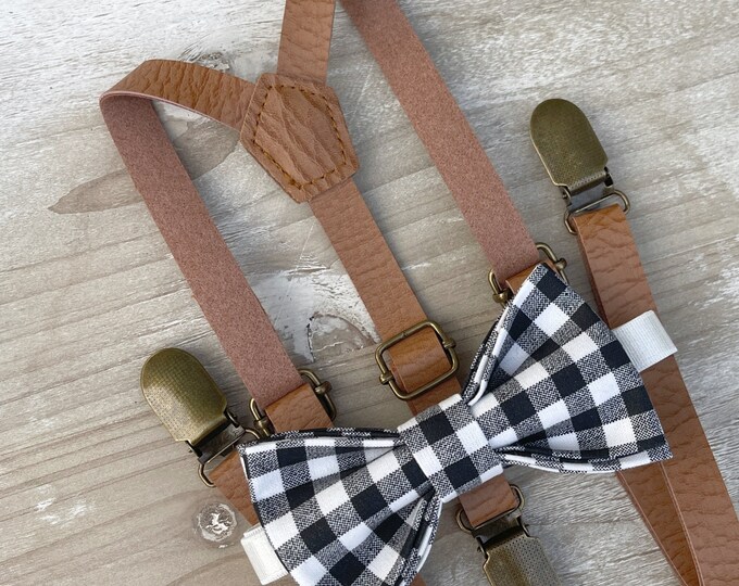 Black White Bow Tie & Skinny Leather Suspenders , Men's plaid bow tie , Boy's Ring Bearer gift , Groomsmen Wedding set , Light Brown Braces