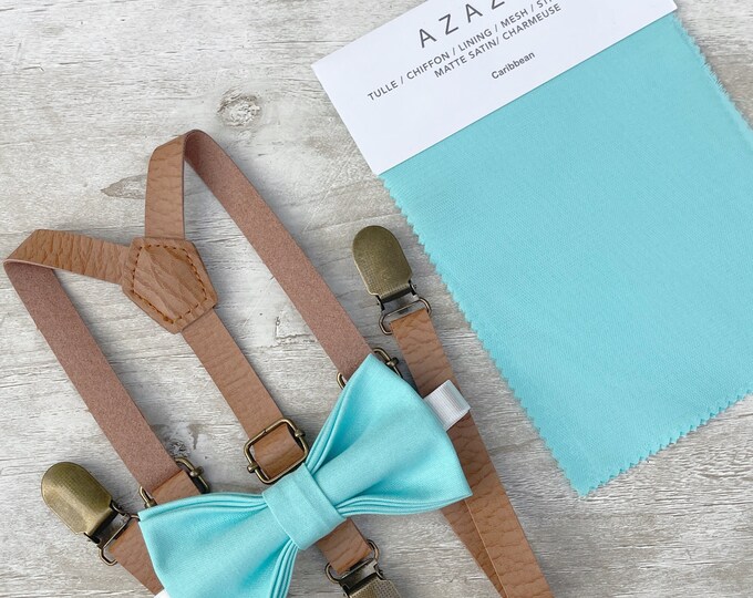 Caribbean Blue Bow Tie & Skinny Leather Suspenders , Light Brown braces , Men's pocket square ,  Boy's Ring Bearer gift , Groomsmen outfit