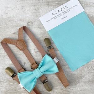 Caribbean Blue Bow Tie & Skinny Leather Suspenders , Light Brown braces , Men&#39;s pocket square ,  Boy&#39;s Ring Bearer gift , Groomsmen outfit
