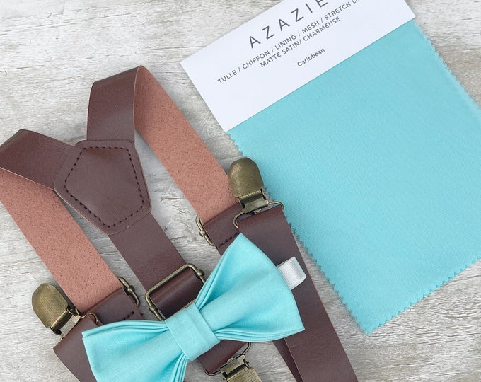Caribbean Blue Bow Tie & Leather Brown Suspenders , Men's pocket square , Boy's Ring Bearer gift , Groomsmen Wedding outfit
