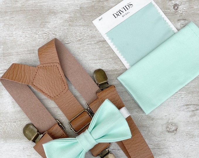 Mint Bow Tie & Light Brown Leather Suspenders , Men's pocket square , Boy's Ring Bearer gift , Groomsmen Wedding outfit , Cake Smash set