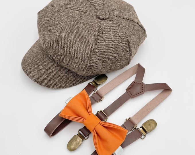 Newsboy Cap Outfit, Baby to Adult - Ring Bearer & Groomsman Wedding Set, Burnt Orange Bow Tie and Skinny Leather Suspenders, Gatsby Flat Cap
