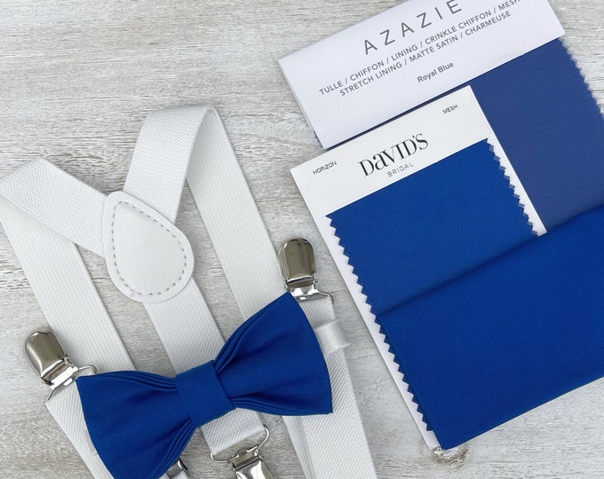 Royal Blue Bow Tie & White Suspenders , Groom Braces , Men's pocket square , Boy's Ring Bearer gift , Groomsmen Wedding outfit