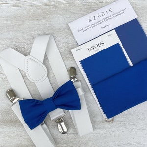Royal Blue Bow Tie & White Suspenders , Groom Braces , Men&#39;s pocket square , Boy&#39;s Ring Bearer gift , Groomsmen Wedding outfit