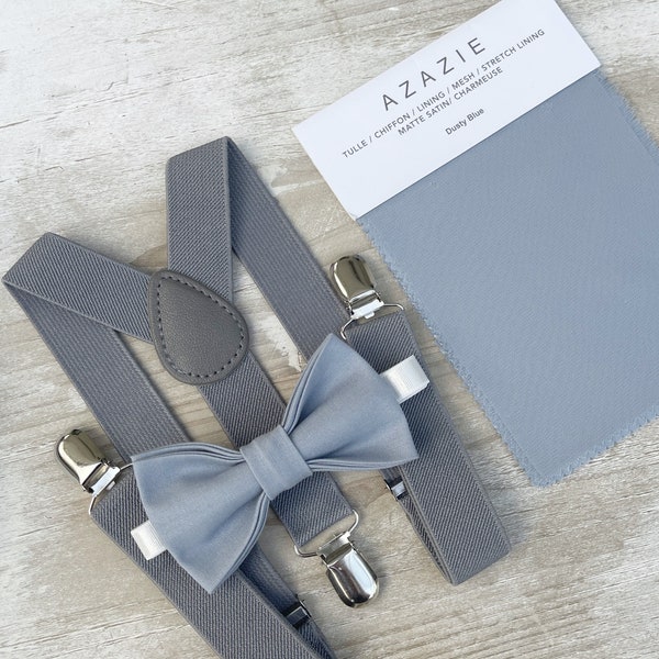 Dusty Blue Bow Tie & Gray Suspenders , Men's pocket square , Boy's Ring Bearer Toddler gift , Groomsmen Gift , Wedding Groom outfit