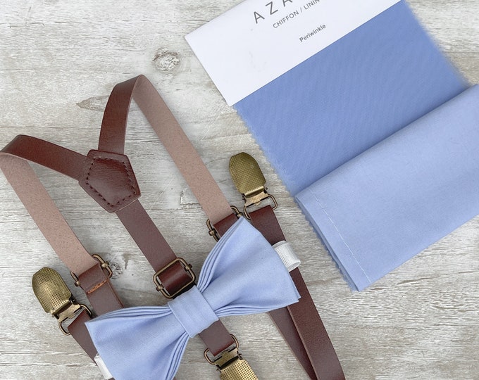 Periwinkle Bow Tie & Skinny Leather Suspenders , Men's pocket square , Boy's Ring Bearer gift , Groomsmen Wedding outfit , Cake Smash set