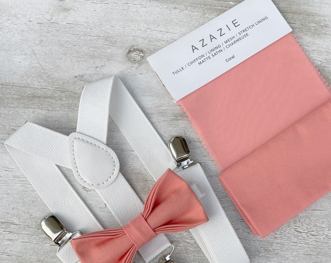 Coral Salmon Bow Tie & White Suspenders , Baptism braces , Men's pocket square  , Boy's Ring Bearer gift , Groomsmen Wedding outfit