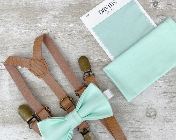 Mint Bow Tie & Skinny Light Brown Leather Suspenders , Men's pocket square , Boy's Ring Bearer gift , Groomsmen Wedding outfit