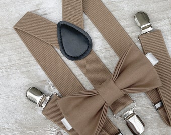 Taupe Brown Bow Tie & Suspenders , Men's Bow tie , Boy's Ring Bearer gift , Toddler bow tie , Newborn bow tie , Groomsmen  Wedding outfit