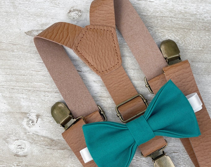 Teal Bow Tie & Leather Suspenders , Men's Light Brown braces , Boy's Ring Bearer Groomsmen Wedding set