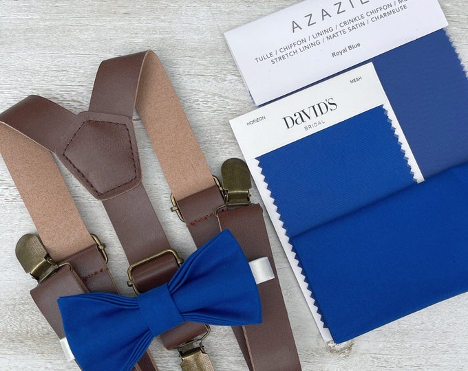 Royal Blue Bow Tie & Leather Suspenders , Brown Braces , Men's pocket square , Boy's Ring Bearer gift , Groomsmen Wedding outfit