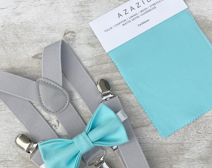 Caribbean Blue Bow Tie & Light Gray Suspenders , Men's pocket square ,  Boy's Ring Bearer gift , Groomsmen Wedding outfit