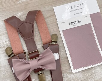 Dusty Mauve Bow Tie & Leather Suspenders , Brown braces , Men's Quartz Bow Tie , Ring Bearer gift , Boy's outfit , Groomsmen Wedding outfit