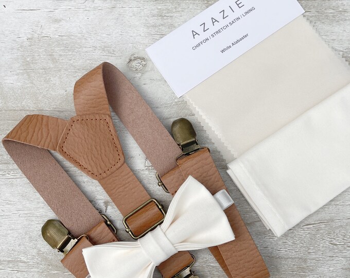White Alabaster Ecru Bow Tie & Leather Suspenders , Light Brown Braces , Mens pocket square , Boy's Ring Bearer gift , Groomsmen Wedding set
