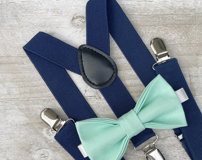 Mint Green Bow Tie & Navy Blue Suspenders , Marine Braces , Men's pocket square , Boy's Ring Bearer gift , Groomsmen Wedding outfit