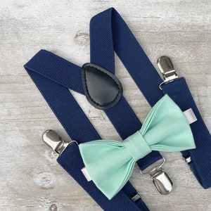 Mint Green Bow Tie & Navy Blue Suspenders , Marine Braces , Men&#39;s pocket square , Boy&#39;s Ring Bearer gift , Groomsmen Wedding outfit