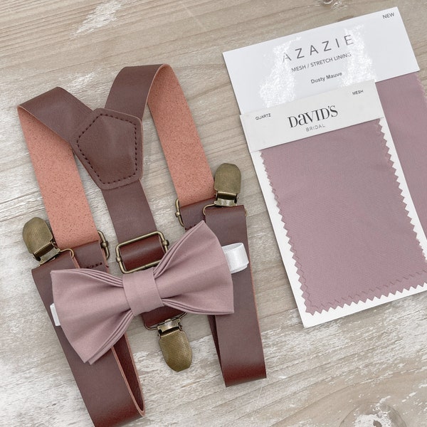 Dusty Mauve Bow Tie & Leather Suspenders , Brown braces , Men's Quartz Bow Tie , Ring Bearer gift , Boy's outfit , Groomsmen Wedding outfit