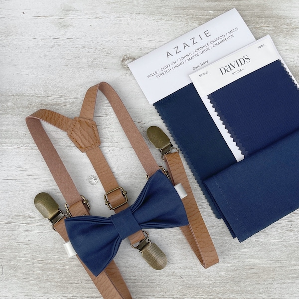 Navy Blue Bow Tie & Skinny Leather Suspenders , Light Brown braces , Men's pocket square , Boy's Ring Bearer gift , Groomsmen Wedding outfit