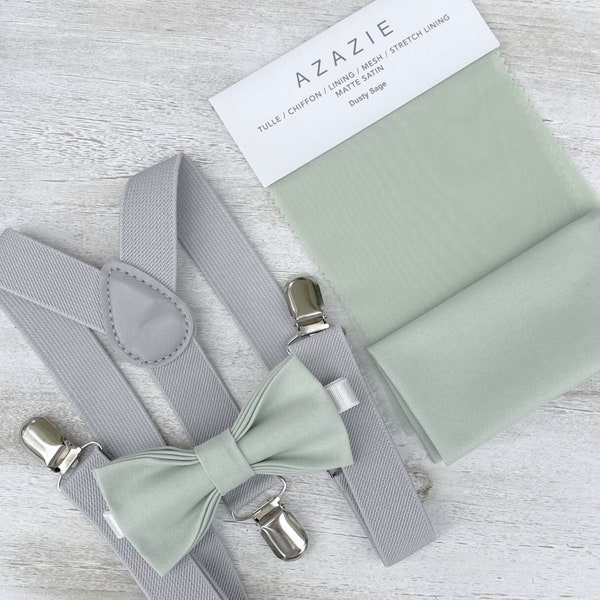 Dusty Sage Bow Tie & Light Gray Suspenders , Men's pocket square , Boy's Ring Bearer gift , Groomsmen Wedding outfit