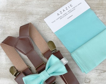 Aqua Blue Bow Tie & Leather Suspenders , Brown braces , Men's pocket square ,  Boy's Ring Bearer gift , Groomsmen Wedding outfit