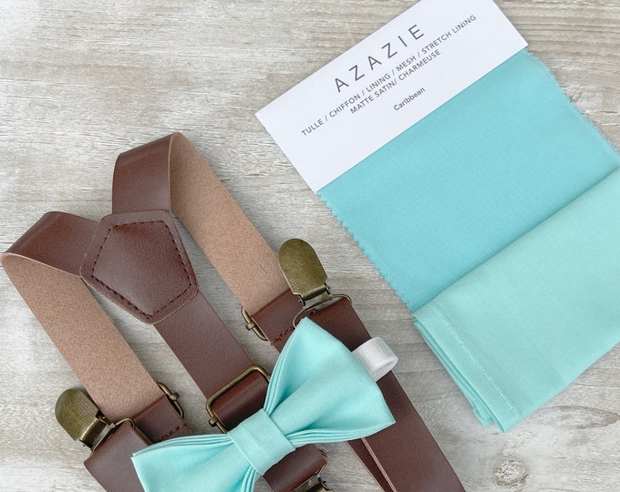 Aqua Blue Bow Tie & Leather Suspenders , Brown braces , Men's pocket square ,  Boy's Ring Bearer gift , Groomsmen Wedding outfit
