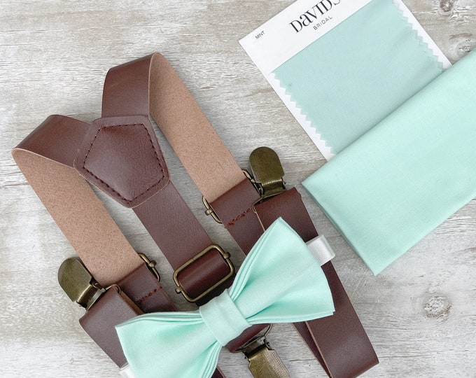 Mint Bow Tie & Rustic Leather Suspenders , Men's pocket square , Boy's Ring Bearer gift , Groomsmen Wedding outfit , Cake Smash set