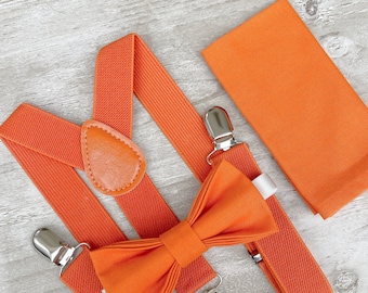 Orange Bow Tie & Suspenders , Men's pocket square , Boy's Ring Bearer gift , Newborn photo prop , Orange costume , Groomsmen Wedding outfit
