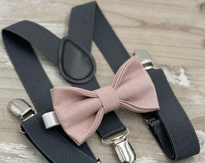 Vintage Rose Linen Bow tie & Suspenders | Charcoal Braces | Dusty Pink Bow | Ring Bearer Outfit | Boho Wedding | Groomsman Gift | Cameo Bow