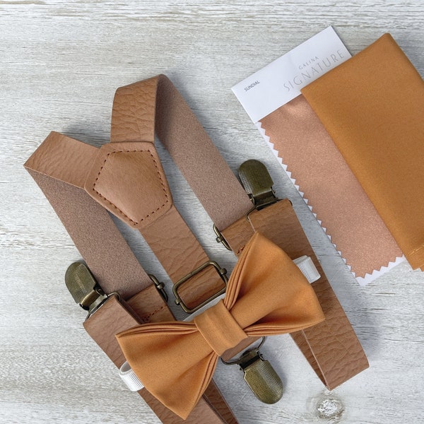 Butterscotch Sundial Bow Tie & Light Brown Leather Suspenders , Men's pocket square , Boy's Ring Bearer gift , Groomsmen Wedding outfit