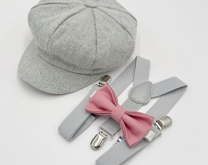 Newsboy Cap, Gatsby Flat Cap, Gray Suspenders & Dusty Rose Bow Tie - Baby to Adult Sizes, Ring Bearer Outfit, Page Boy Wedding Set