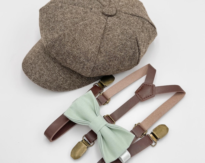 Newsboy Cap Outfit, Baby to Adult - Ring Bearer & Groomsman Wedding Set, Dusty Sage Bow Tie and Skinny Leather Suspenders, Gatsby Flat Cap