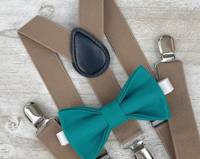 Teal Bow Tie & Taupe Brown Suspenders , Men's braces  , Boy's Ring Bearer gift , Groomsmen Wedding outfit , Cake Smash outfit