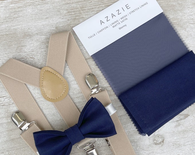 Stormy Blue Bow Tie & Champagne Tan Suspenders , Men's pocket square , Boy's Ring Bearer gift , Groomsmen Wedding outfit