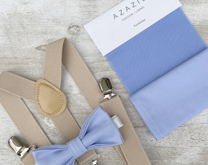Periwinkle Bow Tie & Champagne Tan Suspenders , Khaki Braces , Men's pocket square , Boy's Ring Bearer gift , Groomsmen Wedding set