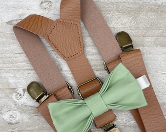 Sage Bow Tie & Leather Suspenders , Light Brown braces , Men's pocket square , Boy's Ring Bearer gift , Groomsmen Wedding outfit