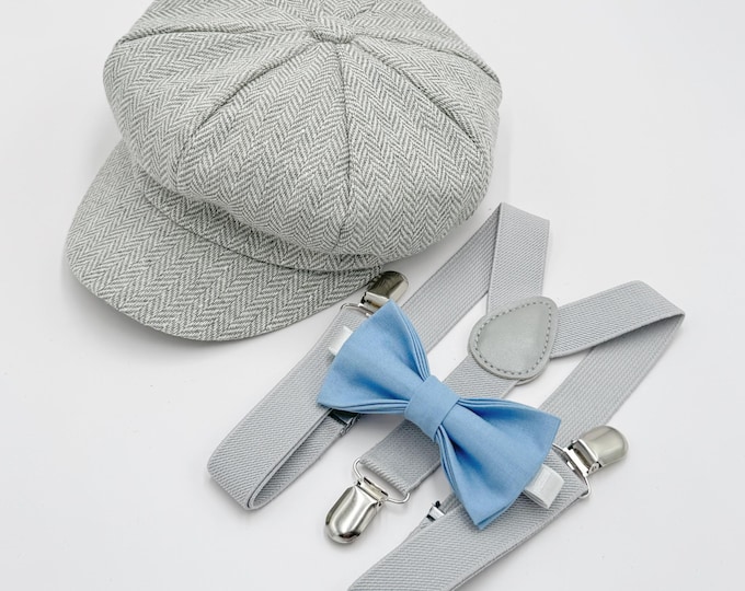 Newsboy Cap, Gatsby Flat Cap, Gray Suspenders & Steel Blue Bow Tie - Baby to Adult Sizes, Ring Bearer Outfit, Page Boy Wedding Set