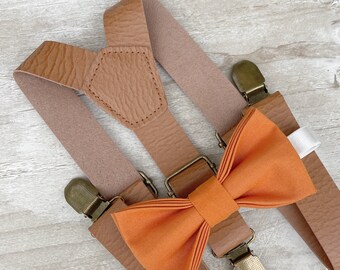 Burnt Orange Bow Tie & Leather Suspenders , Light Brown braces , Boy's Ring Bearer gift , Groomsmen Wedding outfit