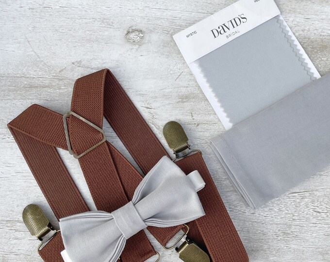 Mystic Gray Bow Tie & Brown Suspenders ,  x - back Braces , Men's pocket square , Boy's Ring Bearer gift , Groomsmen Wedding outfit