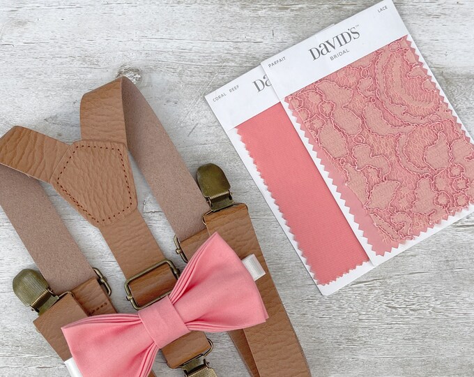 Parfait Coral Bow Tie & Leather Suspenders , Men's Light Brown braces , Boy's Ring Bearer gift , Groomsmen Wedding outfit