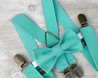 Dark Mint Bow Tie & Turquoise Suspenders , Men's Dark Mint x - back Braces , Boy's Ring Bearer gift , Groomsmen Wedding outfit
