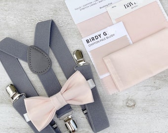 Blushing Pink Bow Tie & Gray Suspenders , Men's pocket square , Ring Bearer gift , Boy's outfit , Groomsmen and Groom Wedding set
