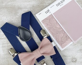 Vintage Rose Linen Bow Tie & Navy Blue Suspenders , Men's Cameo Dusty Pink bow tie , Boy's Ring Bearer gift , Groomsmen Wedding outfit