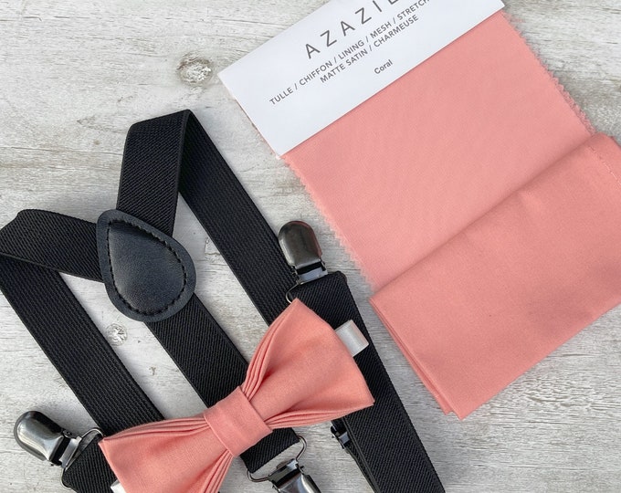 Salmon Coral Bow Tie & Black Suspenders , Groom Braces , Men's pocket square , Boy's Ring Bearer gift , Groomsmen Wedding set