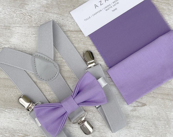 Tahiti Purple Bow Tie & Light gray Suspenders , Men's pocket square , Boy's Ring Bearer gift , Groomsmen outfit , Wedding Groom outfit