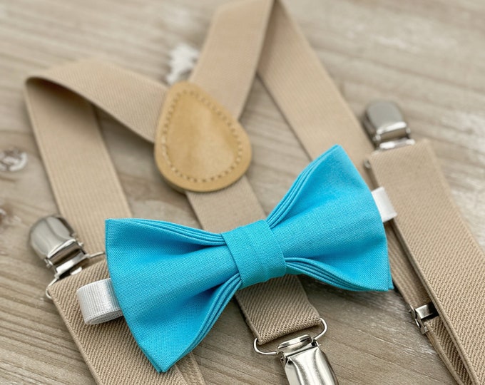 Malibu Blue Bow Tie & Champagne Tan Suspenders , Men's pocket square , Boy's Ring Bearer gift , Groomsmen Gift , Wedding Groom outfit