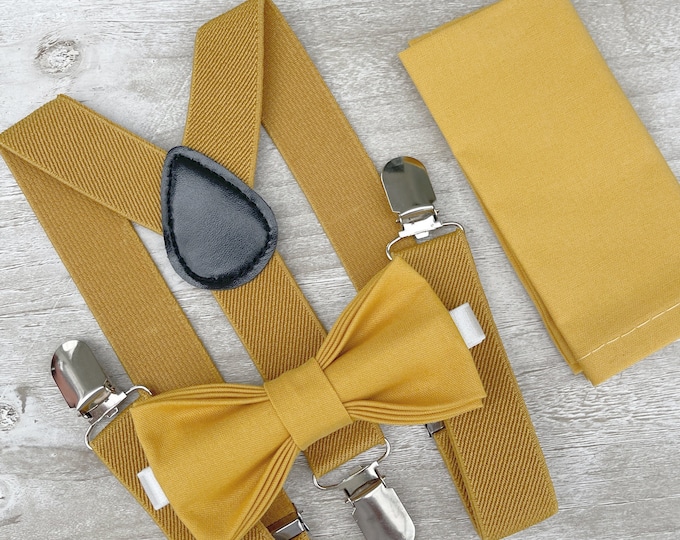 Mustard Yellow Bow Tie & Suspenders , Men's pocket square , Boy's Ring Bearer gift , Groomsmen outfit  , Wedding Groom set