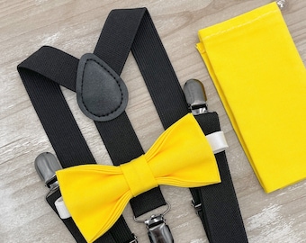 Yellow Bow Tie & Black Suspenders , Men's pocket square , Boy's Ring Bearer gift , Groomsmen Wedding outfit , Cake Smash costume