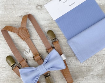 Periwinkle Bow Tie & Skinny Leather Suspenders , Men's pocket square , Boy's Ring Bearer gift , Groomsmen Wedding outfit , Cake Smash set