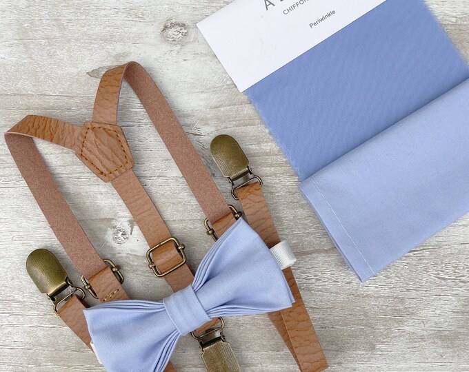 Periwinkle Bow Tie & Skinny Leather Suspenders , Men's pocket square , Boy's Ring Bearer gift , Groomsmen Wedding outfit , Cake Smash set