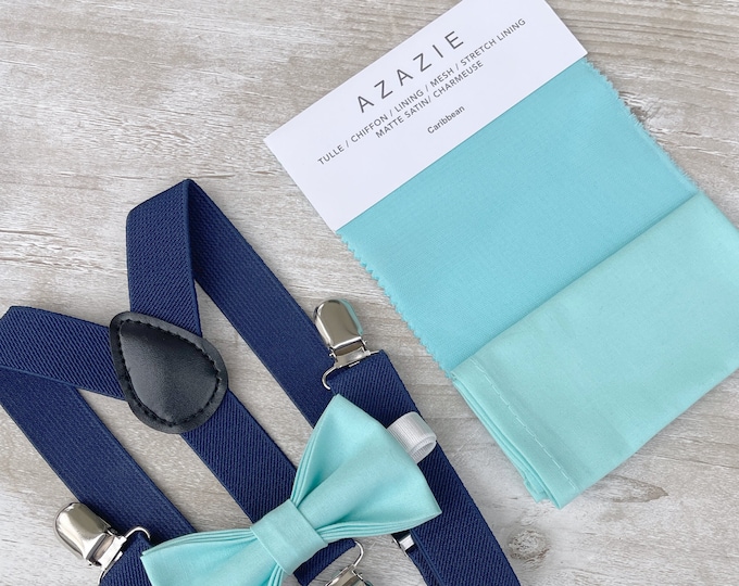Aqua Blue Bow Tie & Navy Blue Suspenders , Marine braces , Men's pocket square ,  Boy's Ring Bearer gift , Groomsmen Wedding outfit
